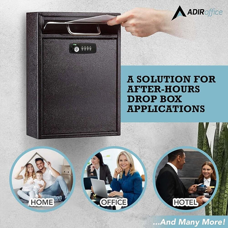 AdirOffice Steel Locking Wall Mounted Drop Box Interoffice Mailbox with Key and Combination Lock , Black (631-04-BLK-KC-PKG)