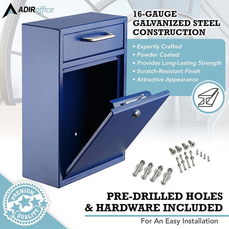 AdirOffice Steel Large Wall Mounted Drop Box Interoffice Mailbox, Key Lock, Blue (631-04-BLU-PKG)