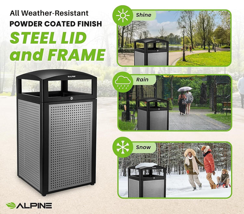 Alpine Industries Steel Outdoor Trash Can with Dome Lid, 40 Gallon, Silver, 2/Pack (ALP471-40-SIL-2PK)