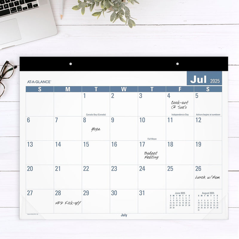 2025-2026 AT-A-GLANCE 21.75" x 17" Academic Monthly Desk Pad Calendar, White/Blue (SKLPAY-32-26)