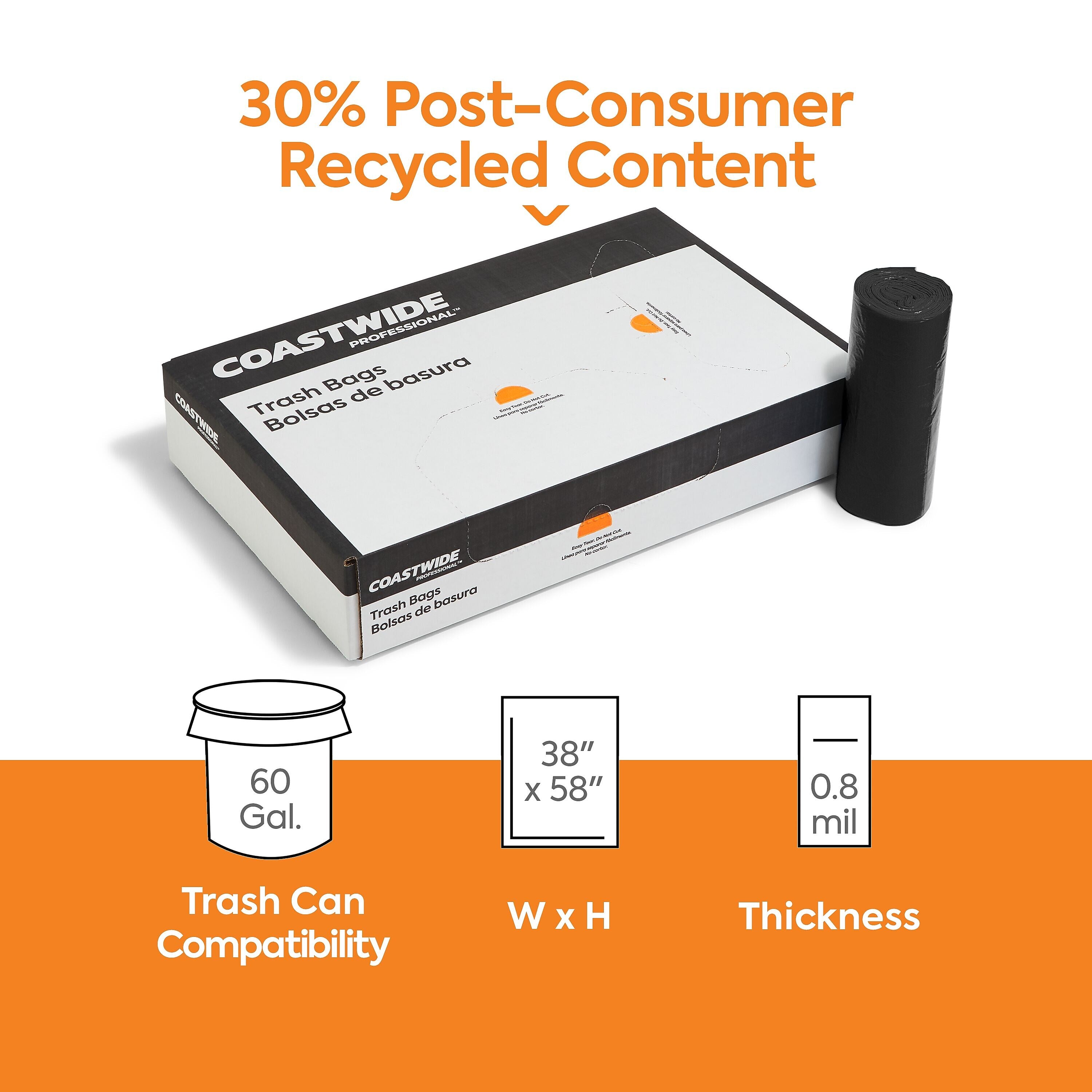 Coastwide Professional™ 60 Gallon Trash Bag with 30% PCR, 38" x 58", Low Density, 0.8 mil, Black, 100 Bags/Box (CW62425)