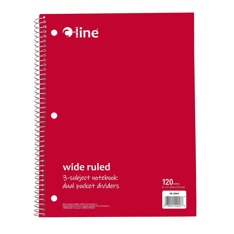 C-Line 3-Subject Notebooks, Wide Ruled, 120 Sheets, Assorted Colors, 3/Bundle (CLI22046-3)
