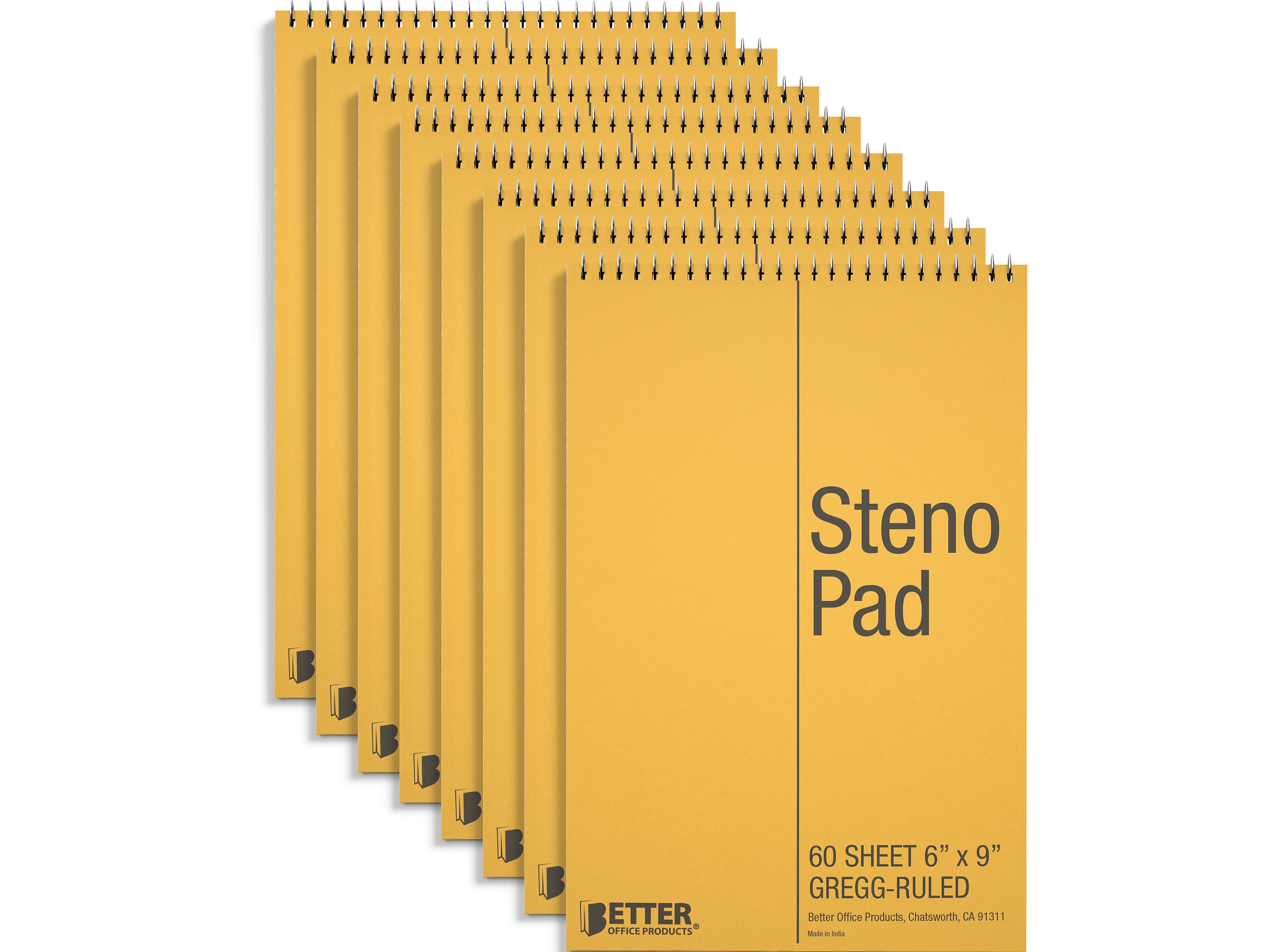 Better Office Steno Pad, 6" x 9", Gregg-Ruled, Yellow, 60 Sheets/Pad, 8 Pads/Pack (25808-8PK)