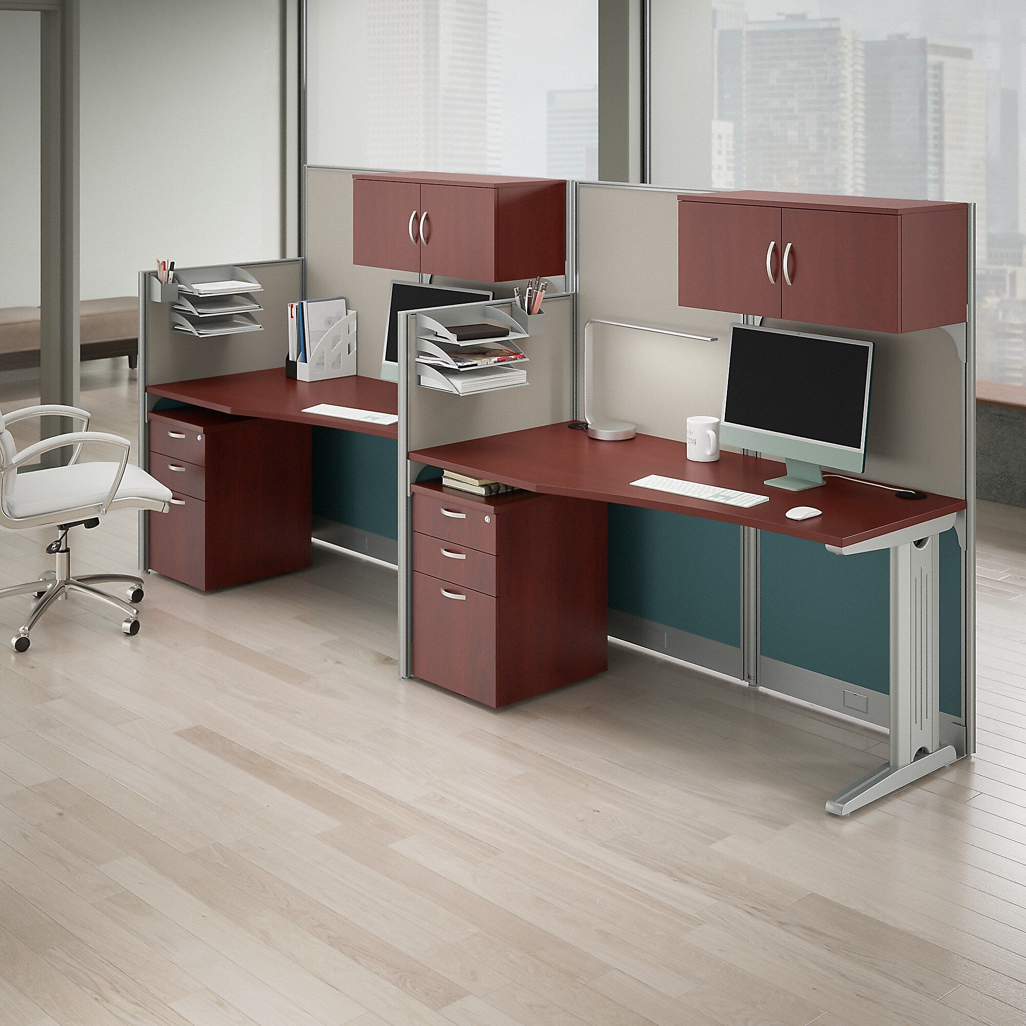Bush Business Furniture Office in an Hour 63"H x 129"W 2 Person In-Line Cubicle Workstation, Hansen Cherry (OIAH005HC)
