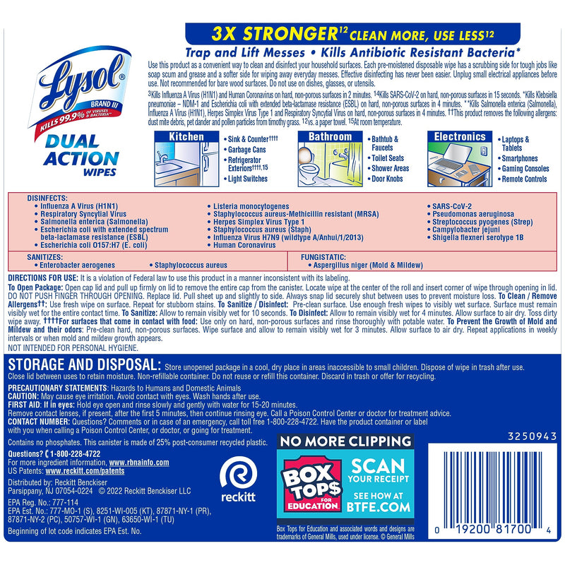 Lysol Dual Action Disinfecting Wipes, Citrus, 75 Wipes/Pack (1920081700)