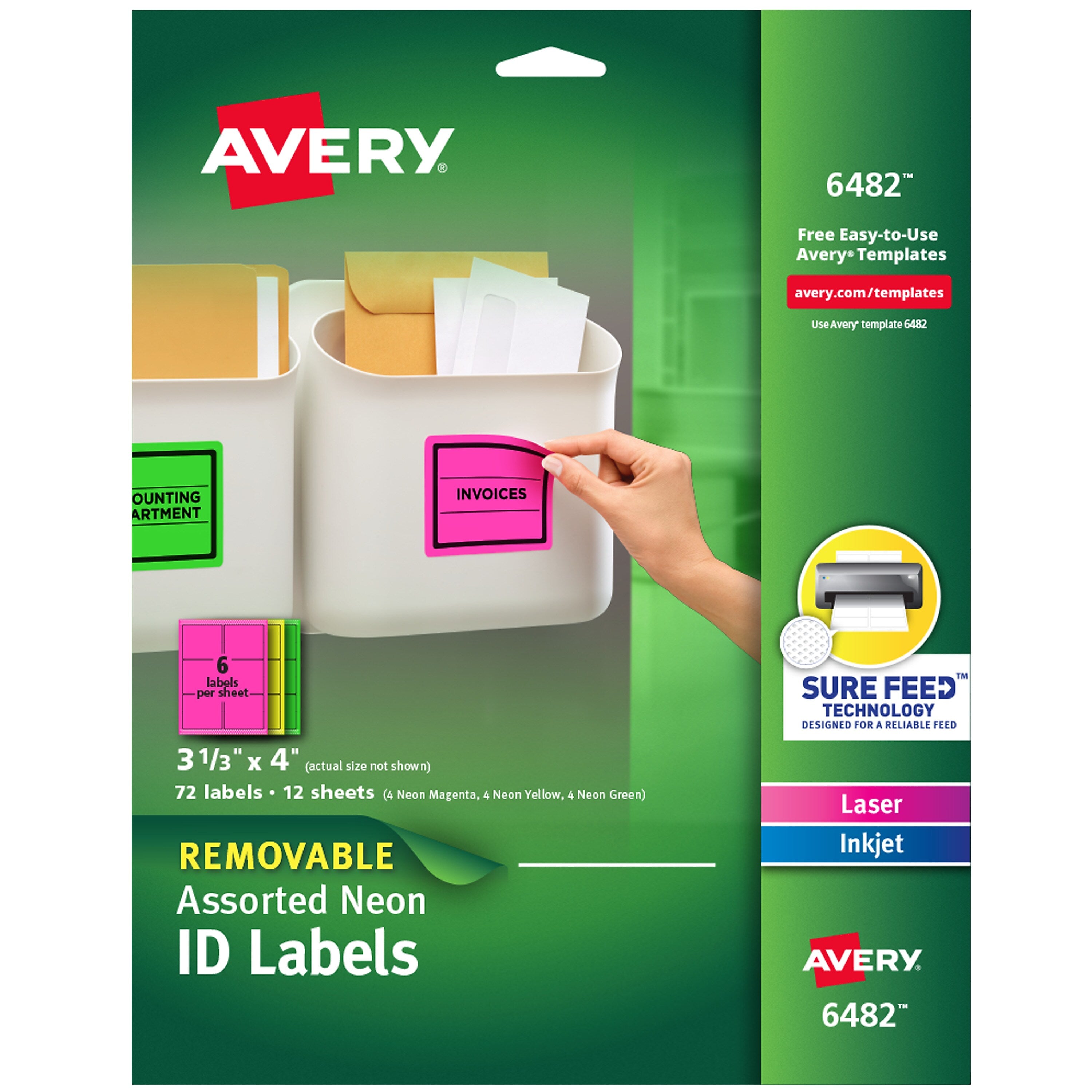 Avery Sure Feed Laser/Inkjet ID Labels, 3-1/3" x 4", Assorted Neon, 72 Labels/Pack (6482)