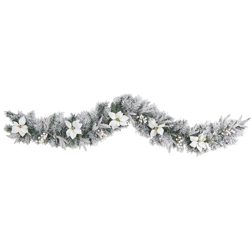 Nearly Natural 6-ft Flocked Poinsettia and Berry Artificial Christmas Garland with 50 Warm White LED Lights (W1312)