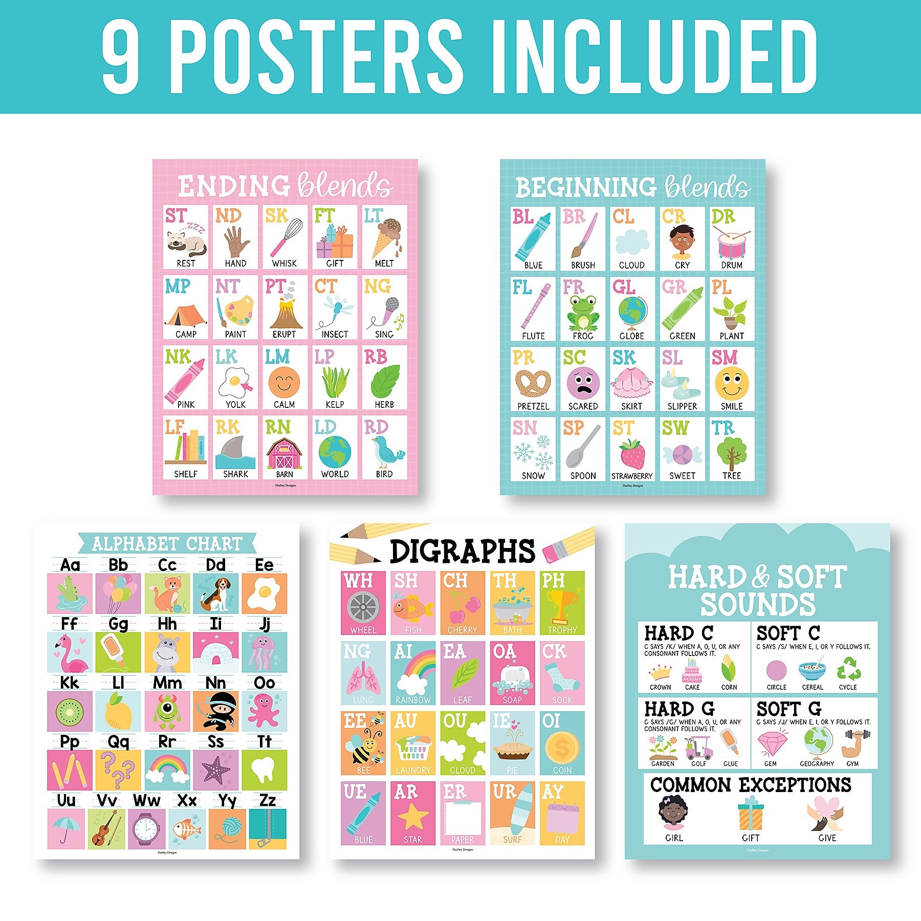 Hadley Designs 11" x 14" Colorful Sound Wall Phonics and Vowels English Posters, 9/Set (HDDX004ACFGFJ)