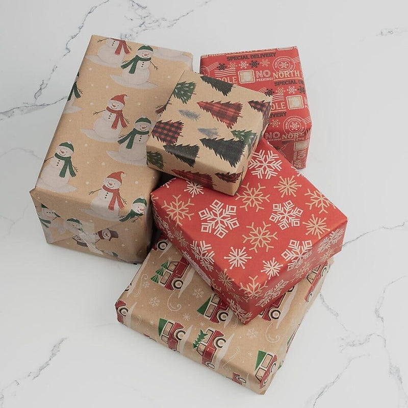 JAM Paper Christmas Wrapping Paper, 25 Sq. ft. x 30", Kids Kraft Christmas Set, 5 Rolls/Pack (165K5KRKID)