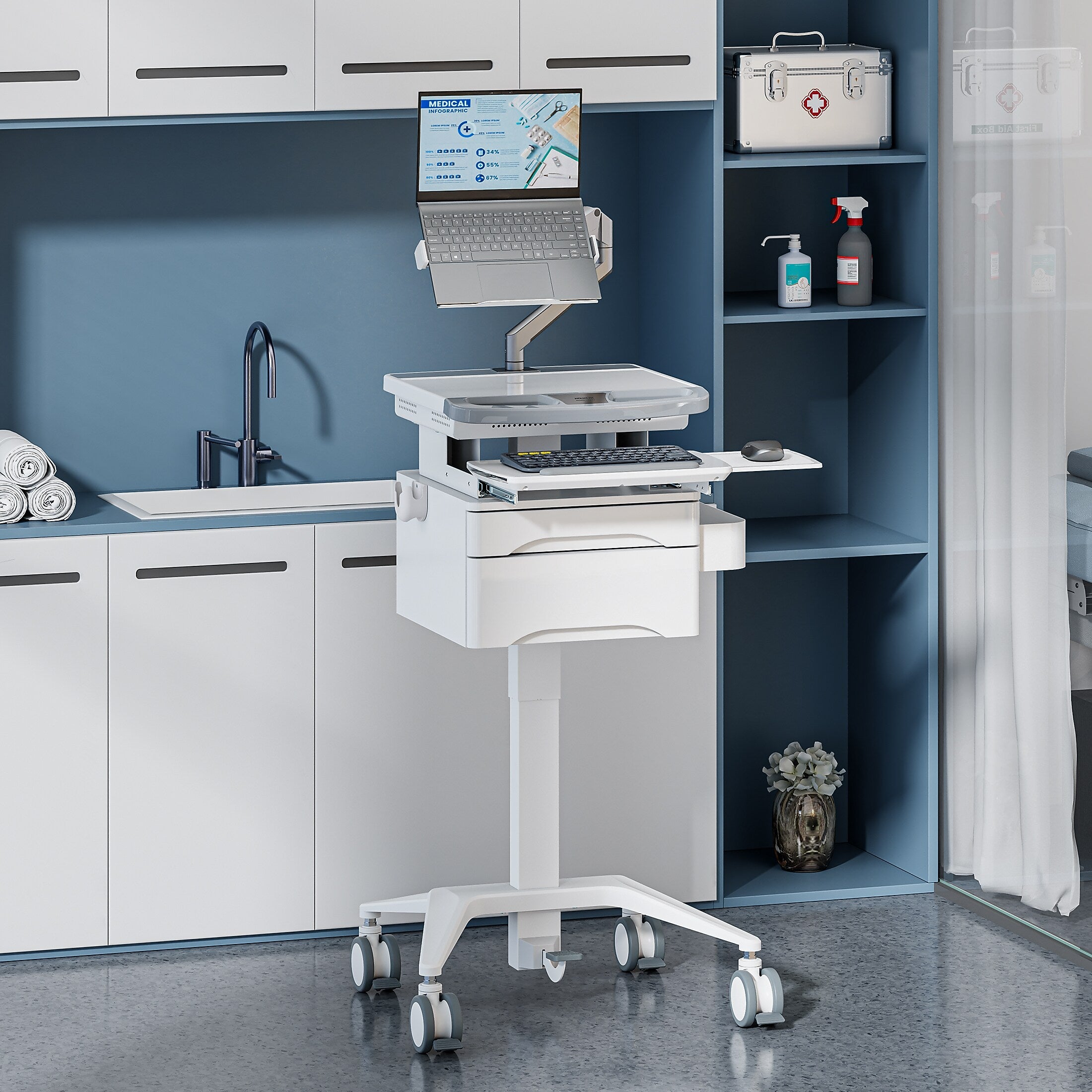 Mount-It! MedHub Mobile Medical Cart Workstation with Drawers, Laptop Arm, and Locking Caster Wheels, White/Grey (MI-16027)