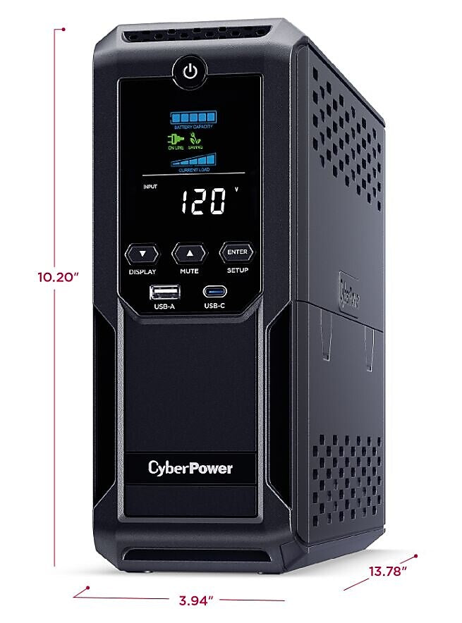 CyberPower Intelligent LCD UPS System, 1500VA/900W, 12 Outlets, 2 USB Ports, AVR, Mini Tower, Black (CP1500AVRLCD3)