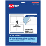Avery Laser/Inkjet Square Removable Labels, 4" x 4", White, 200 Labels/Box (94100-RMP50)