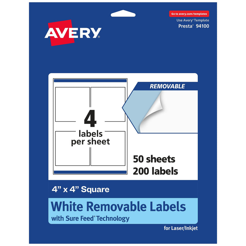Avery Laser/Inkjet Square Removable Labels, 4" x 4", White, 200 Labels/Box (94100-RMP50)
