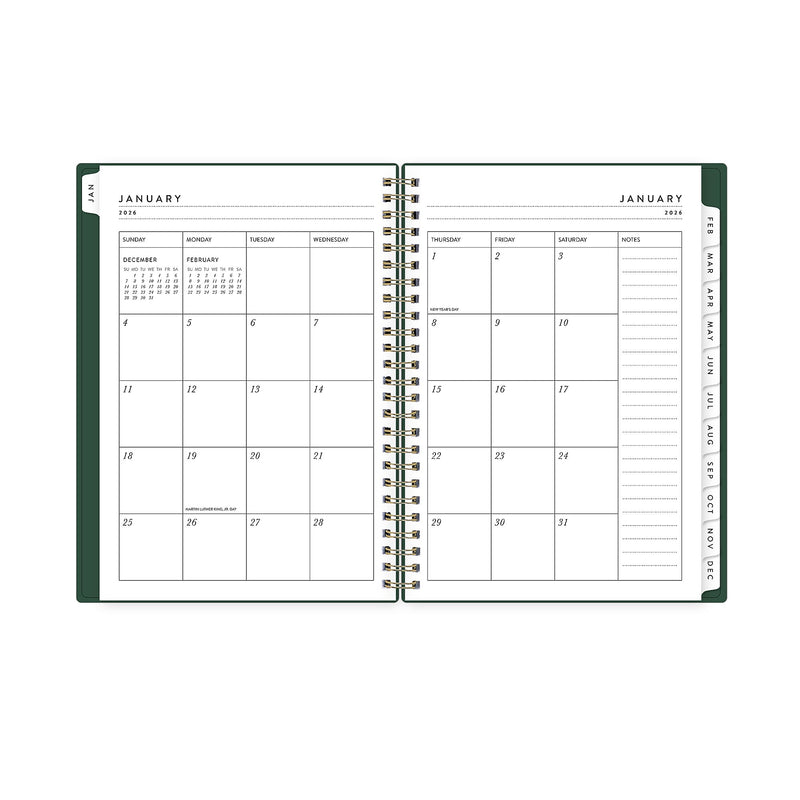 2026 Blue Sky Bespoke Letterpress 8.5" x 11" Calendar Year Weekly & Monthly Planner, Plastic Cover, Deep Forest Green (156225)