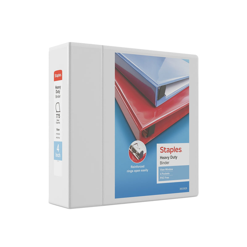 Staples Heavy Duty 4" 3-Ring View Binder, D-Ring, White (ST56266-CC)
