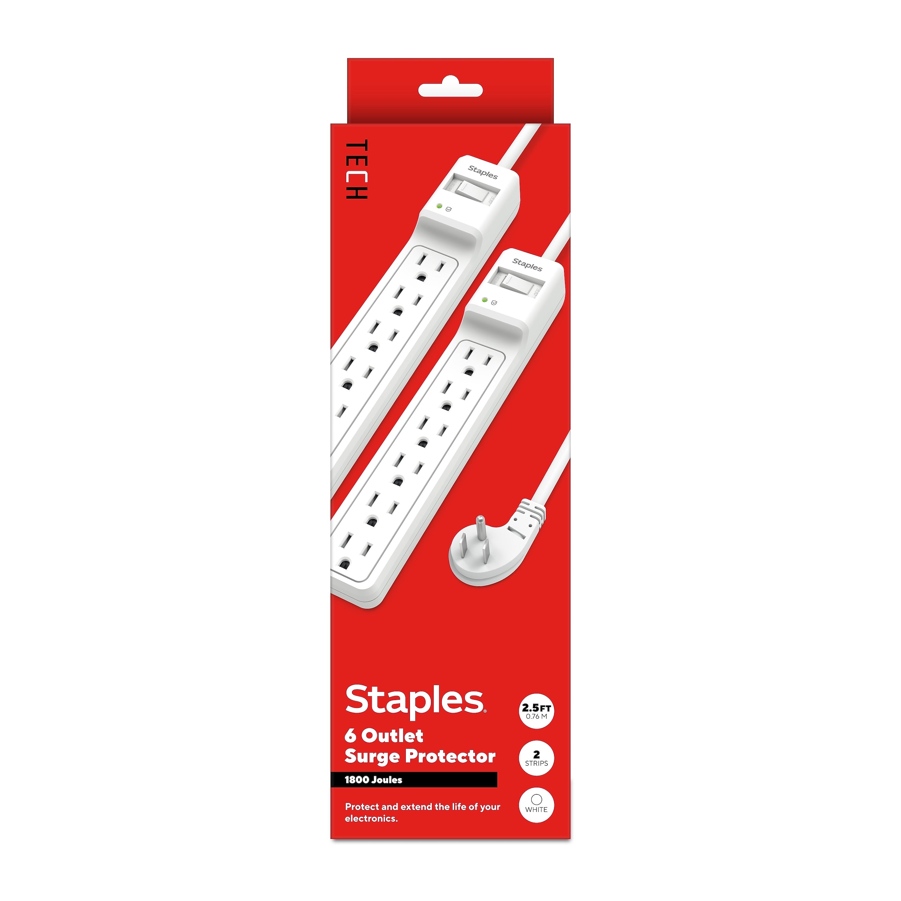 Staples TECH 6-Outlet Surge Protector, 2.5', 1800 Joules, White, 2/Pack (ST62763)