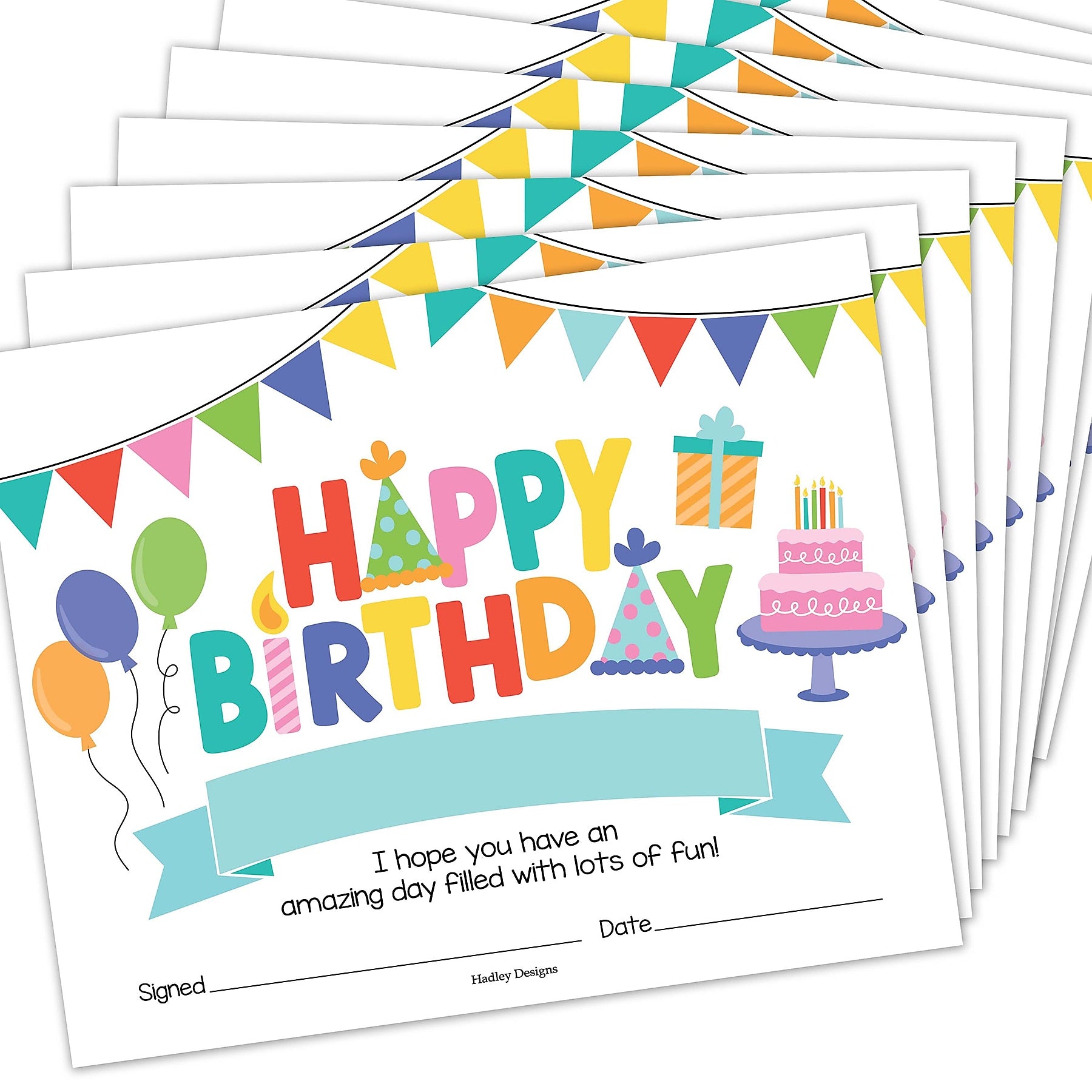 Hadley Designs Colorful Happy Birthday Certificates For Students, 8" x 10", Multicolored, 25/Pack (HDDX004A3KO4B)