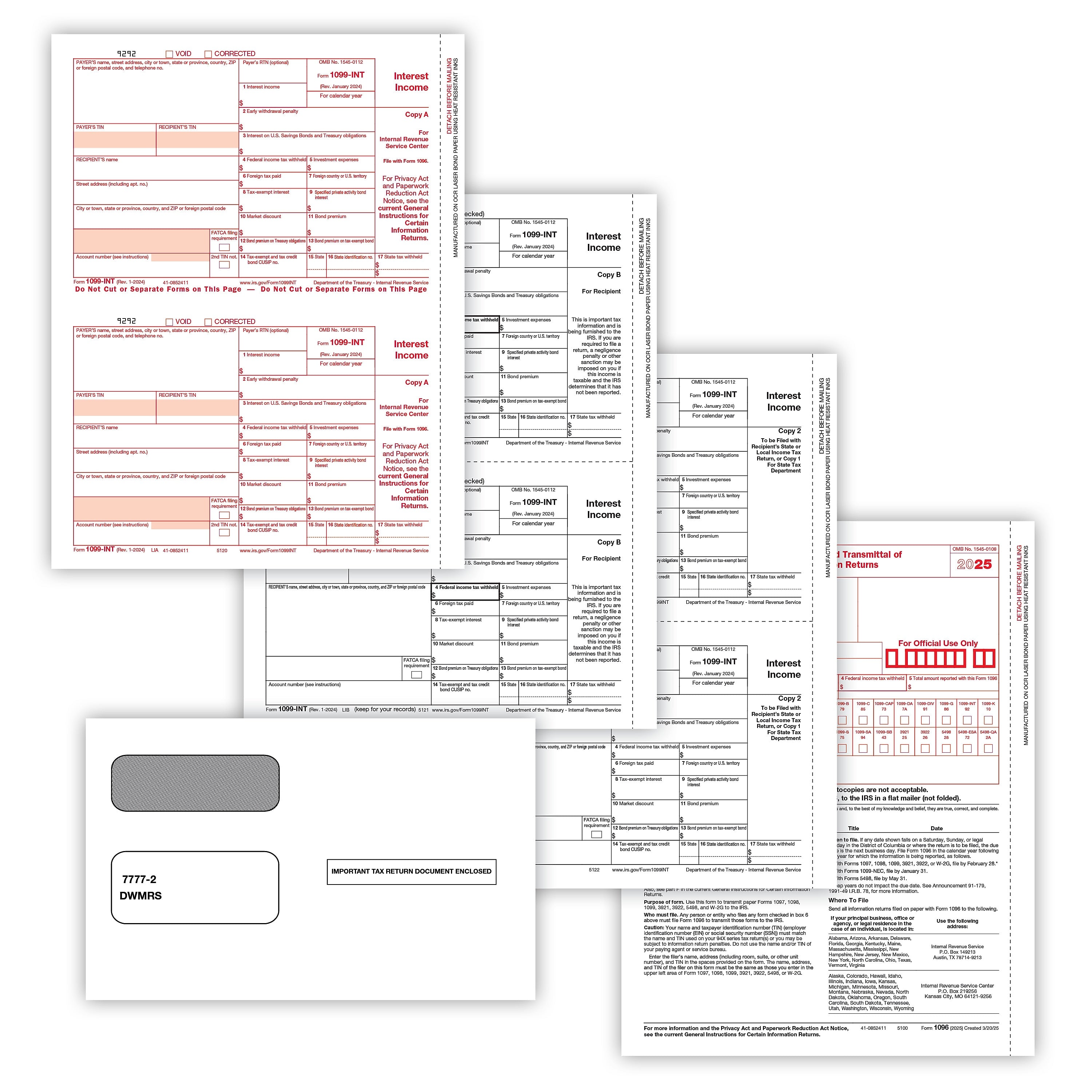 ComplyRight 2025 1099-INT Tax Form Envelopes, 4-Part, 2-Up, Copies A, B, C, 10/Pack (6106E10)