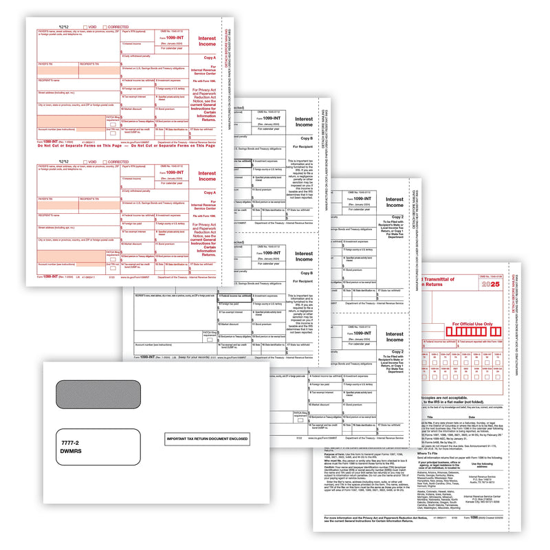 ComplyRight 2025 1099-INT Tax Form Envelopes, 4-Part, 2-Up, Copies A, B, C, 10/Pack (6106E10)