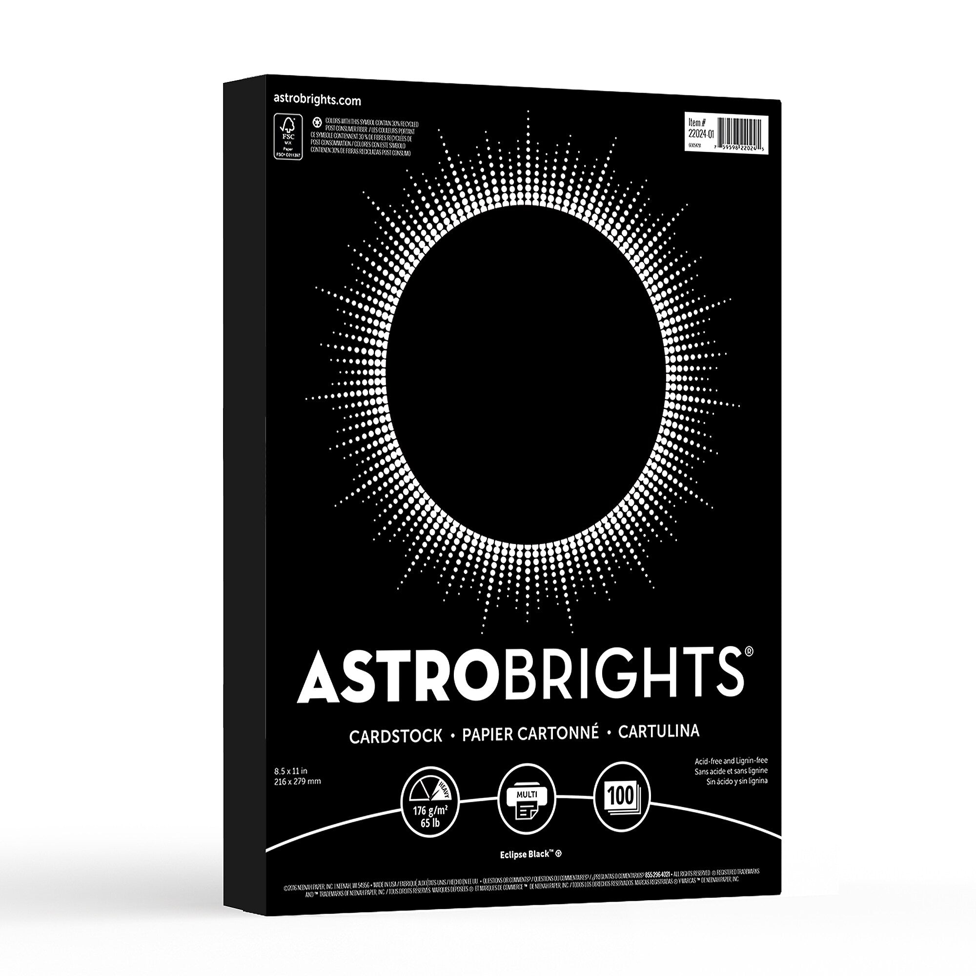 Astrobrights 65 lb. Cardstock Paper, 8.5" x 11", Eclipse Black, 100 Sheets/Pack (22024-01)