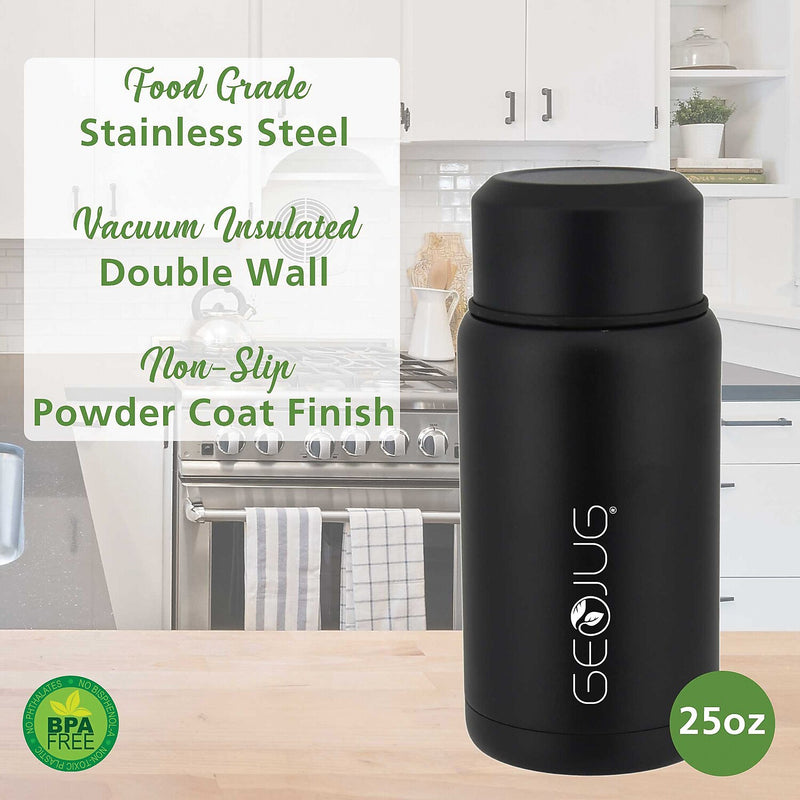 Brentwood Geojug Stainless Steel Double Walled Food Jar with Bowl & Folding Spoon, 25 oz., Black (FTS-750BK)