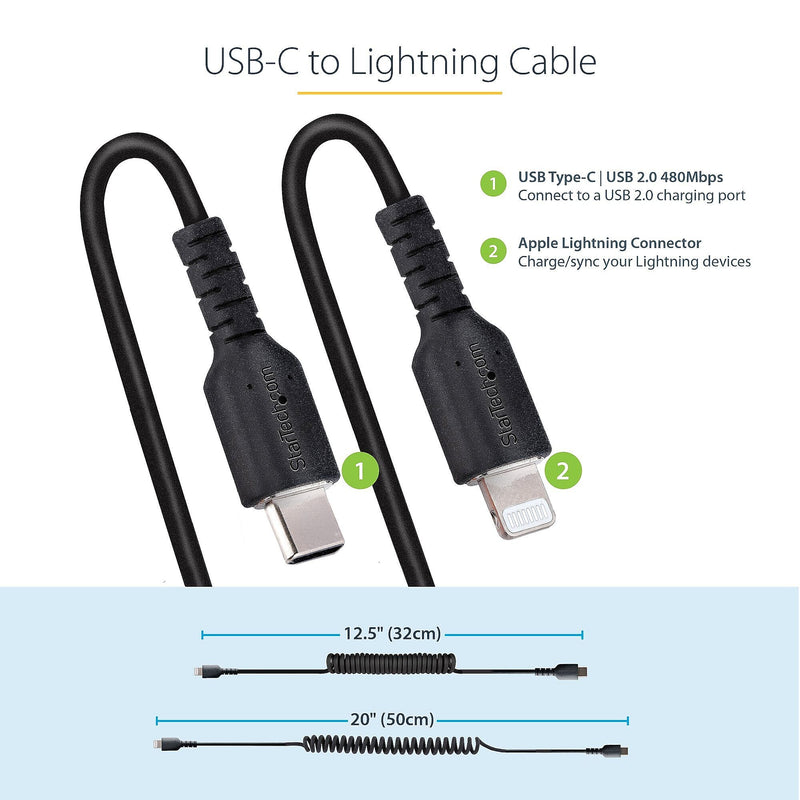 StarTech.com 1.6ft USB-C to Lightning Heavy Duty Coiled Cable, Male to Male, Charge/Sync, Black (RUSB2CLT50CMBC)