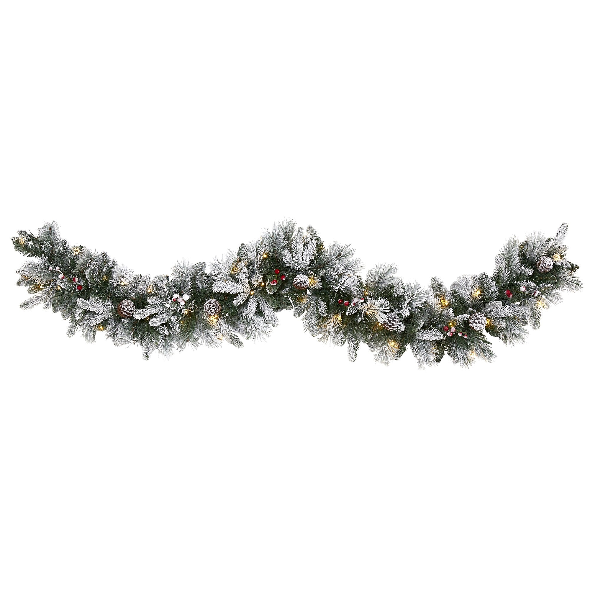 Nearly Natural 6-ft Flocked Mixed Pine Artificial Christmas Garland with 50 LED Lights, Pine Cones and Berries (W1130)