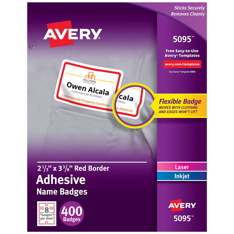 Avery Flexible Laser/Inkjet Name Badge Labels, 2 1/3" x 3 3/8", White with Red Border, 400 Labels Per Pack (5095)