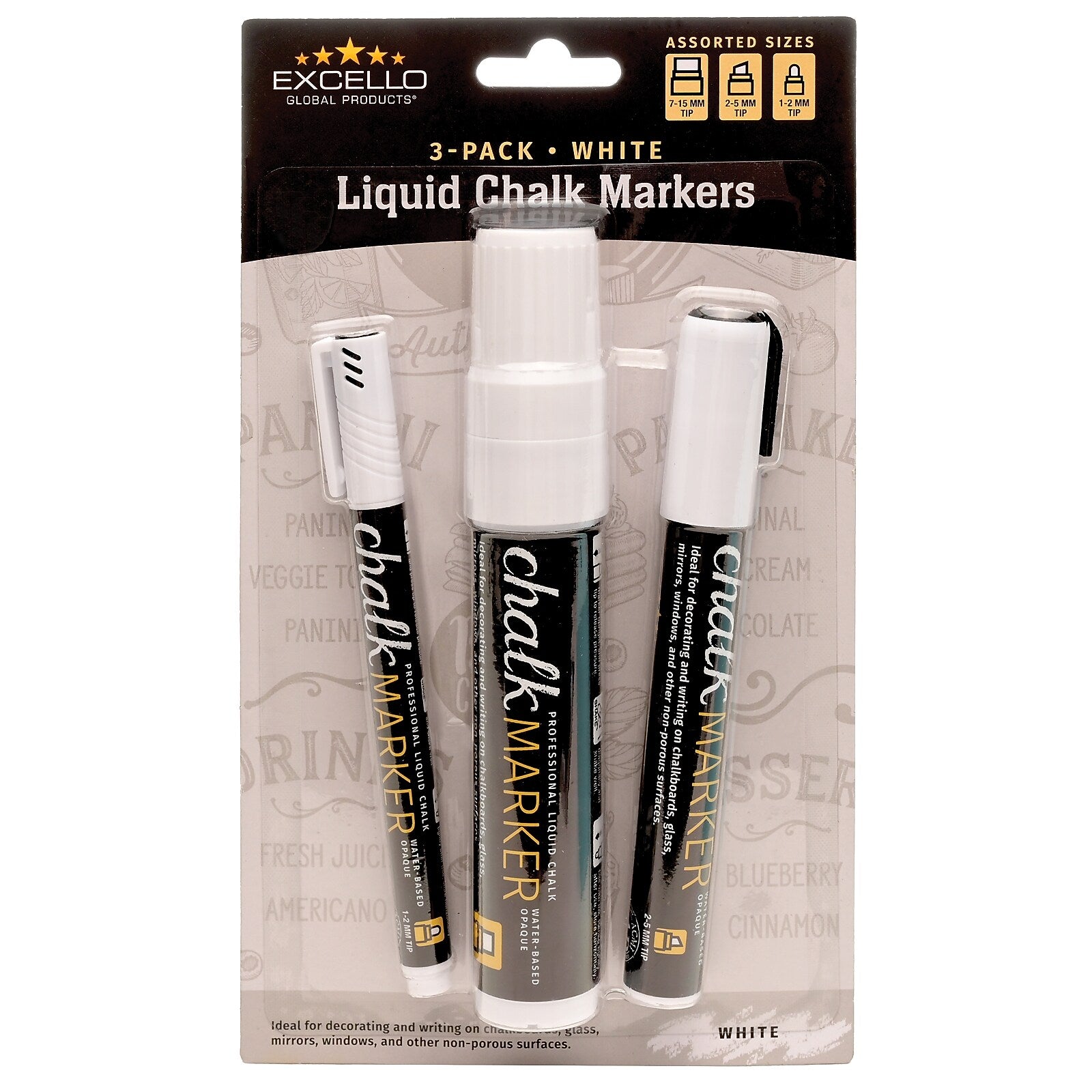 Excello Global Products Washable Chalk Markers, Assorted Tips, White, 3/Pack (EGP-HD-0511-S)