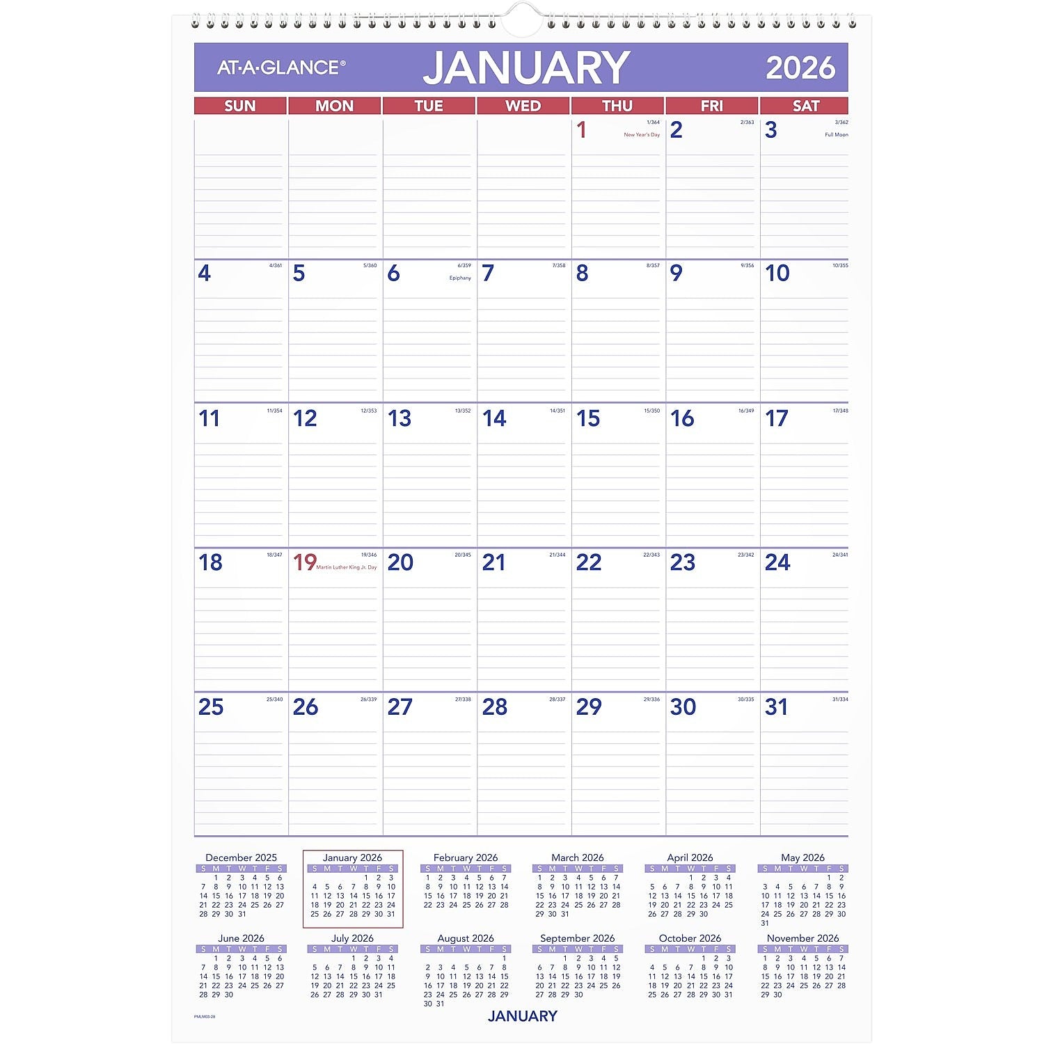 2026 AT-A-GLANCE 15.5" x 22.75" Monthly Dry Erase Wall Calendar, White/Purple (PMLM03-28-26)