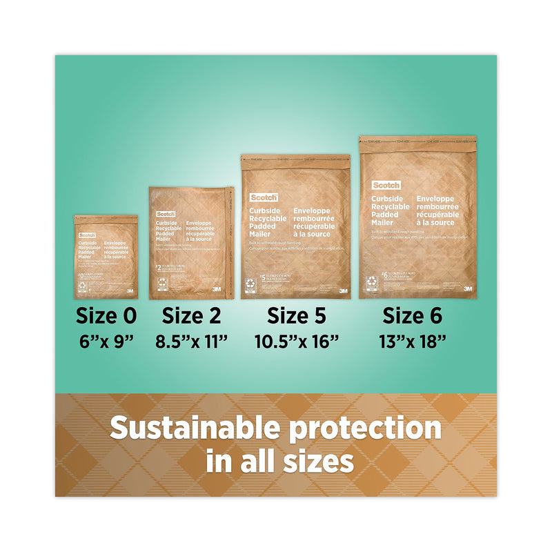 Scotch Curbside Recyclable Padded Mailer, #5, Bubble Cushion, Self-Adhesive Closure, 12 x 17.25, Natural Kraft, 100/Carton