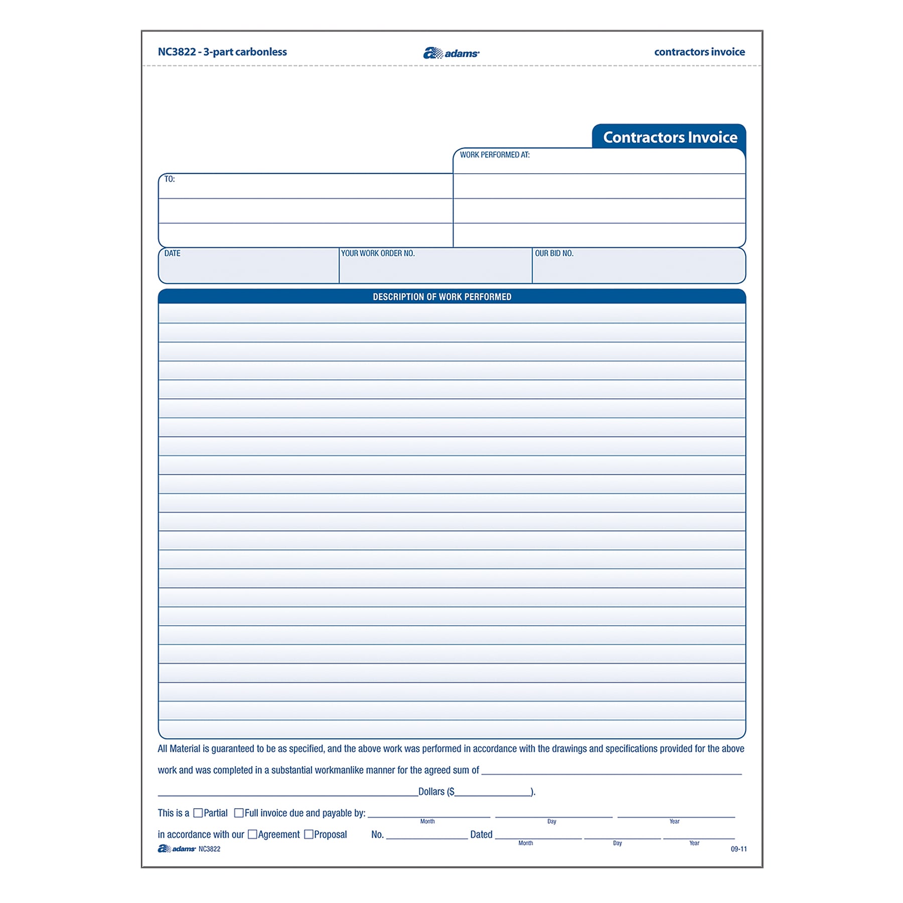 Adams 3-Part Carbonless Contractors Invoice Forms, 8.5"W x 11.44"L, 100/Pack (ABF NC3822)