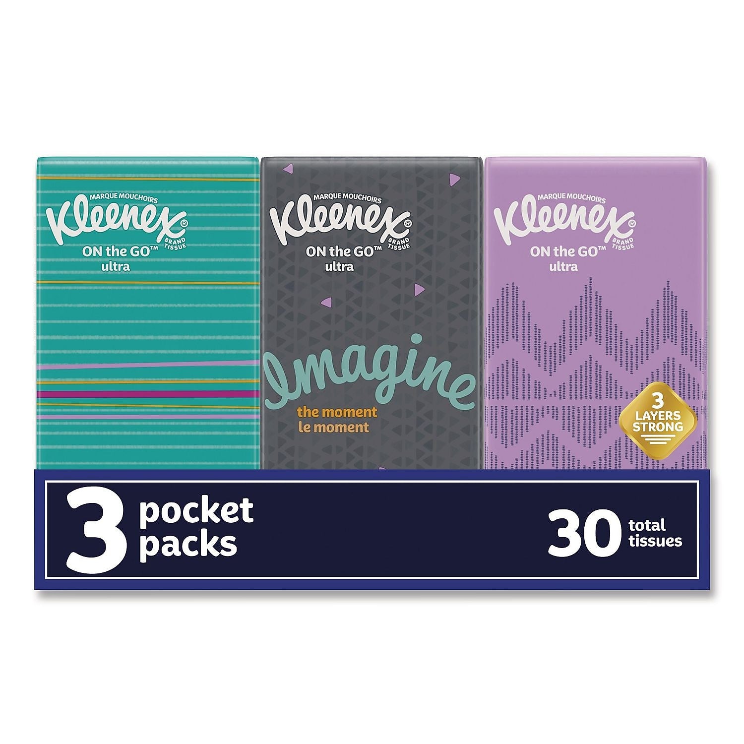 Kleenex On The Go Packs Facial Tissue, 3-Ply, 10 Tissues/Pouch, 3 Pouches/Pack, 36 Packs/Carton (11976)