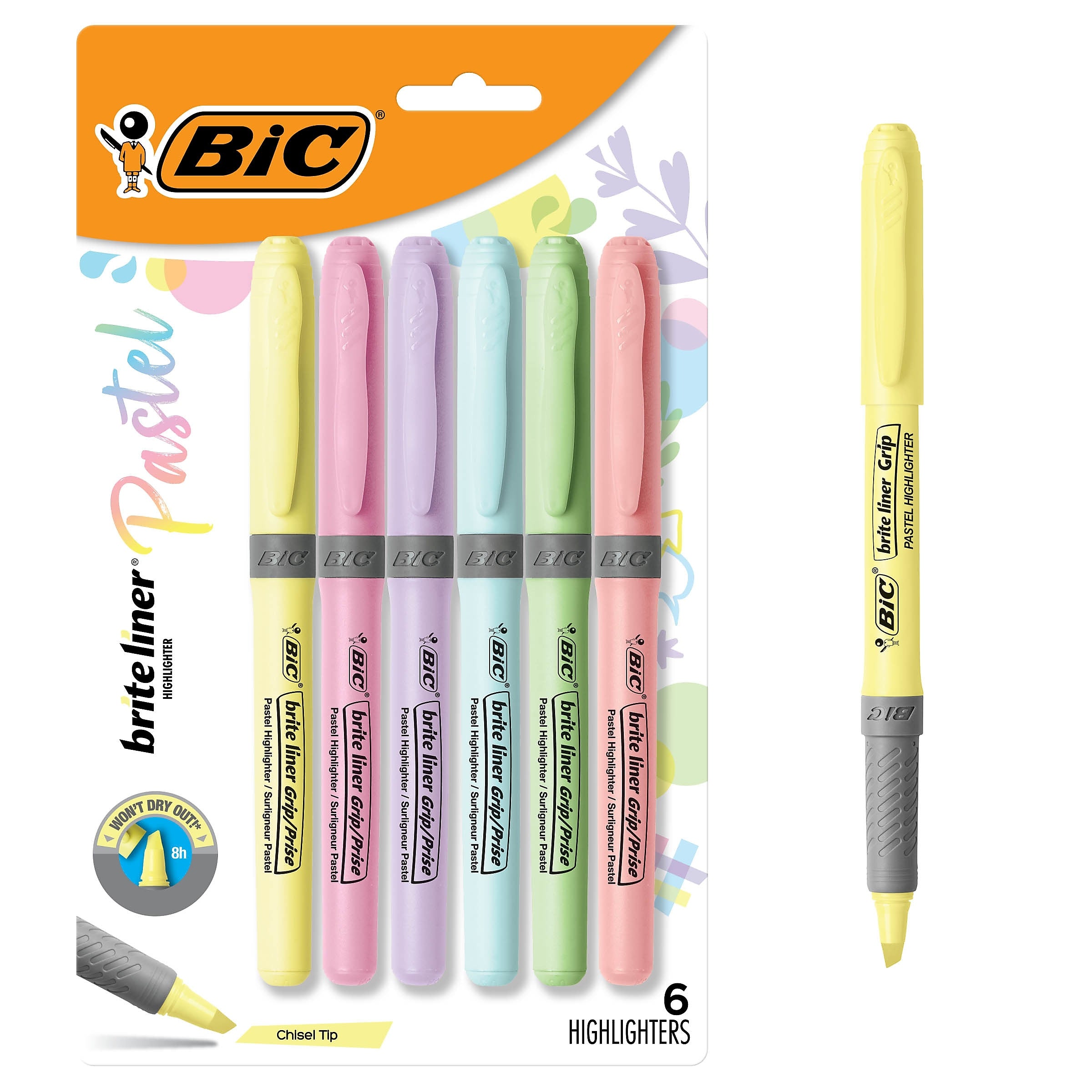 BIC Brite Liner Stick Highlighter with Grip, Chisel Tip, Assorted Colors, 6/Pack (GBLDP61-AST )
