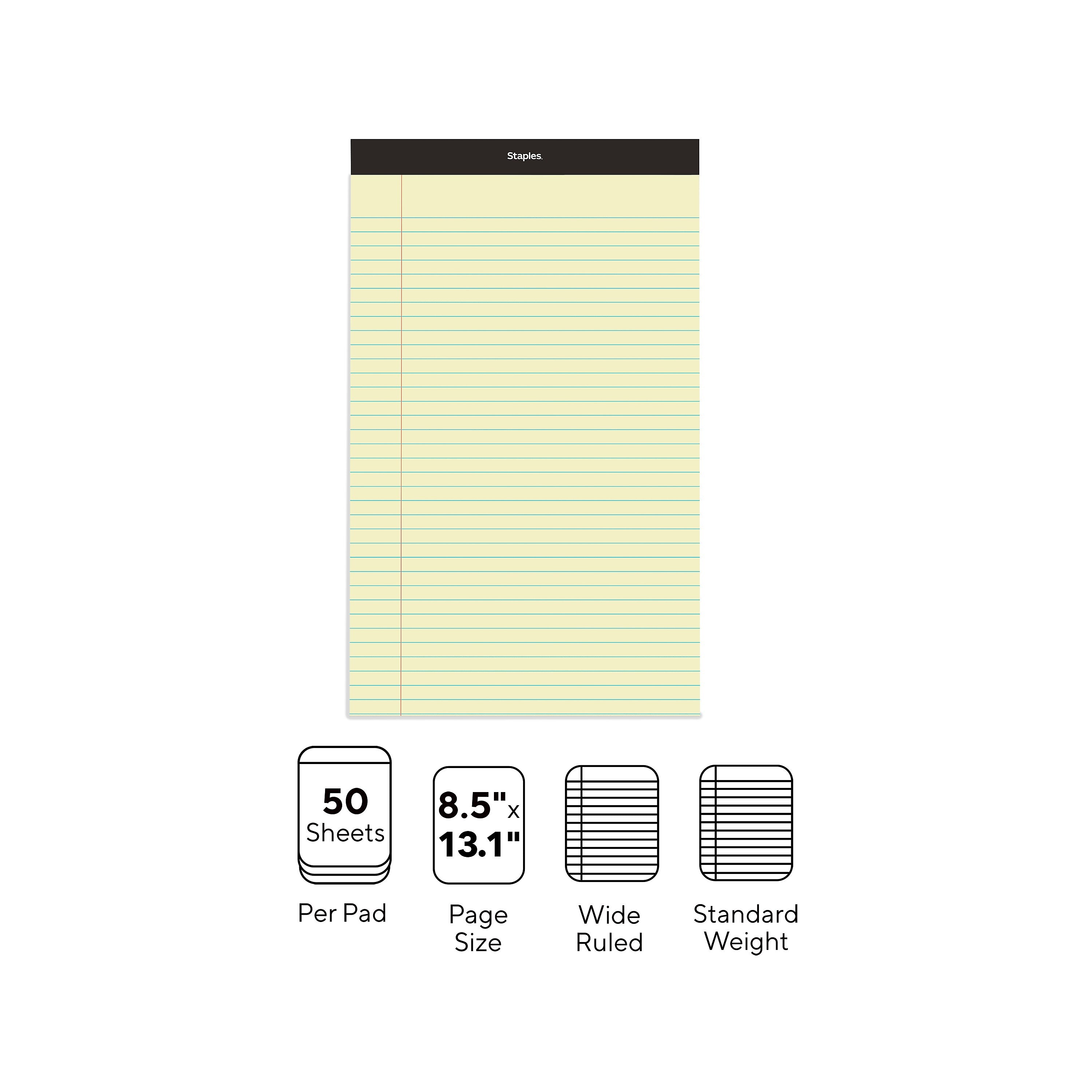 Staples Notepad, 8.5" x 13.12", Wide Ruled, Canary, 50 Sheets/Pad, Dozen Pads/Pack (ST57301)