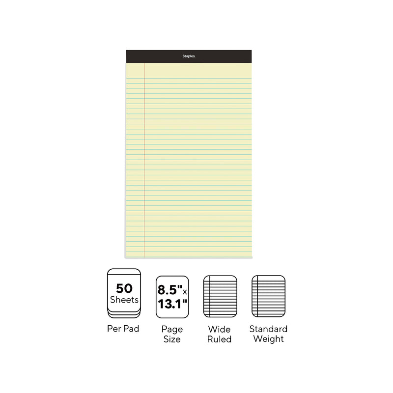 Staples Notepad, 8.5" x 13.12", Wide Ruled, Canary, 50 Sheets/Pad, Dozen Pads/Pack (ST57301)