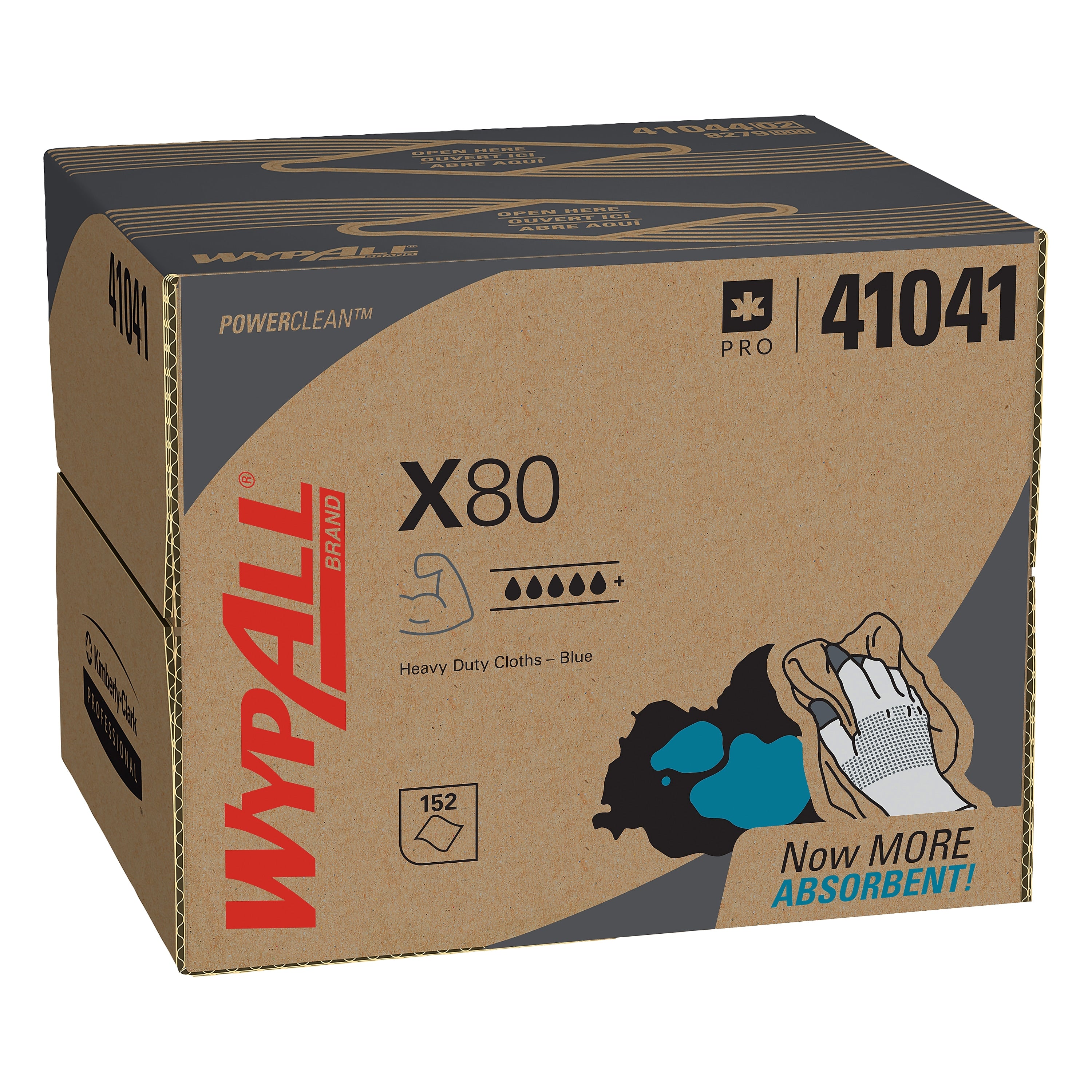 WypAll PowerClean X80 Fabric Cleaning Wipers, 16.8" x 12.5", Blue, 152 Wipers/Box (41041)