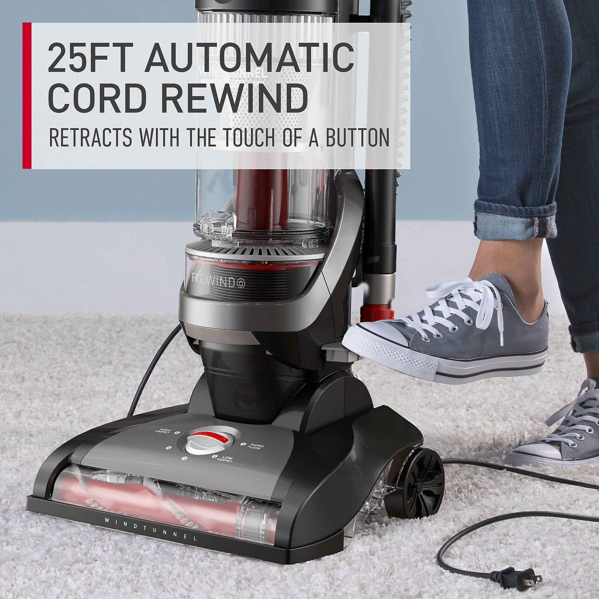 Hoover WindTunnel Cord Rewind Pro Upright Vacuum Cleaner, Bagless, Gray (UH71300V)