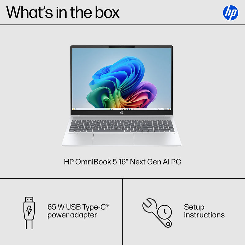 HP OmniBook 5 16" 2K Laptop, Copilot+ PC, AMD Ryzen AI 5 340, 16GB RAM, 512GB SSD, +16.75 Hour Battery, Windows 11 Home