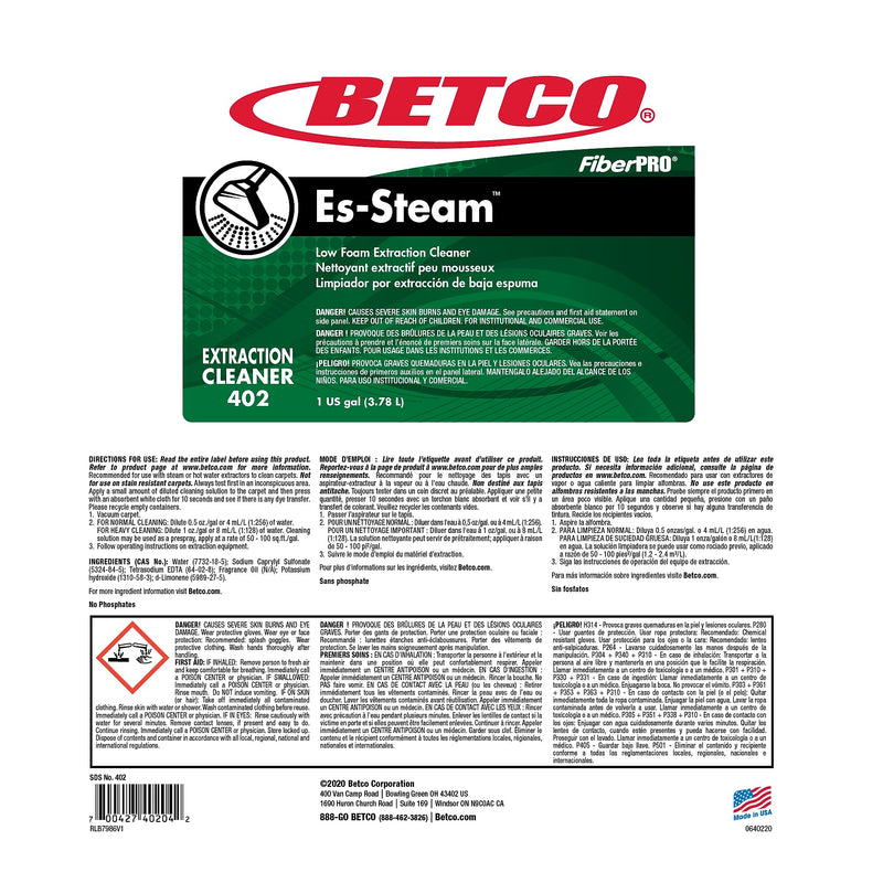 Betco FiberPRO Es-Steam Carpet Cleaner, Country Fresh, 1 gal., 4/Carton (BET4020400)