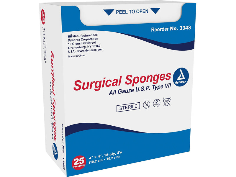 Dynarex 4" Sterile 12-Ply Sponge, 25/Pack, 25 Packs/Carton (3343)