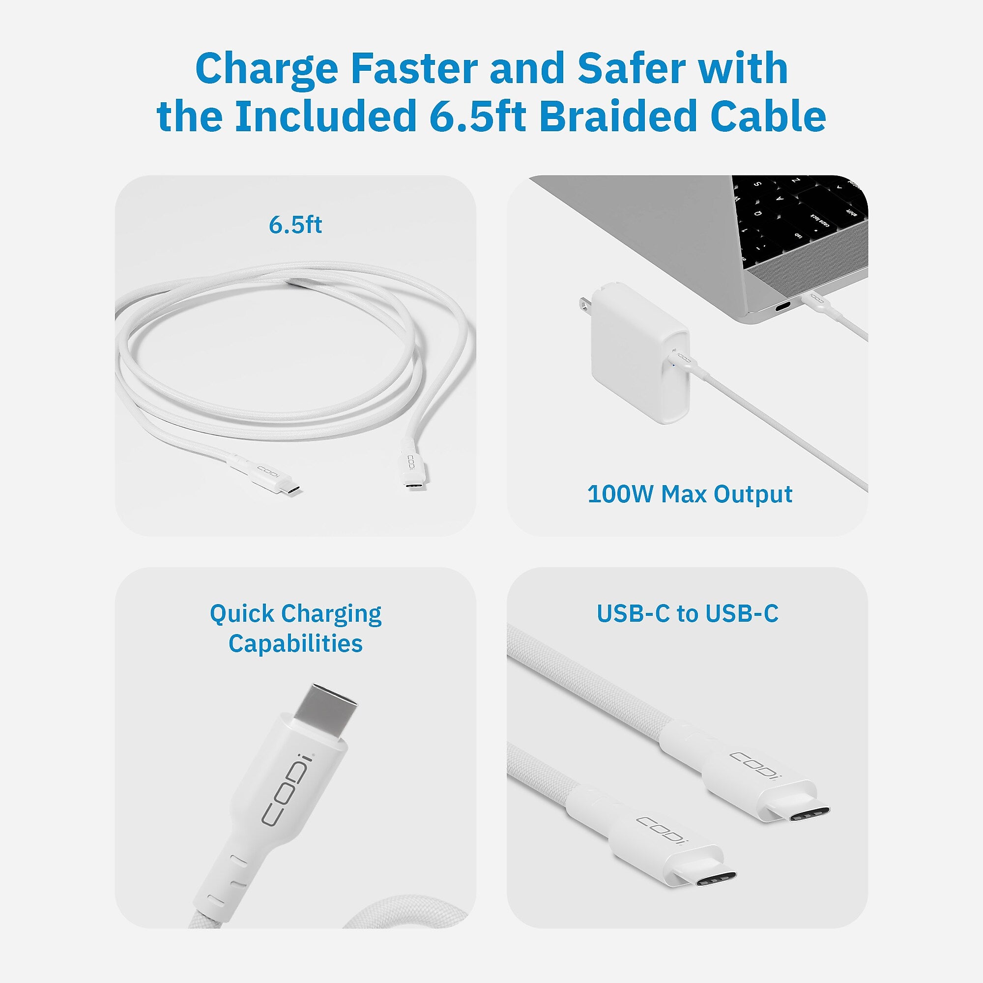 CODi 100W Wall USB-C Charger with USB2.0 EPR Braided Cable, White (A01118)