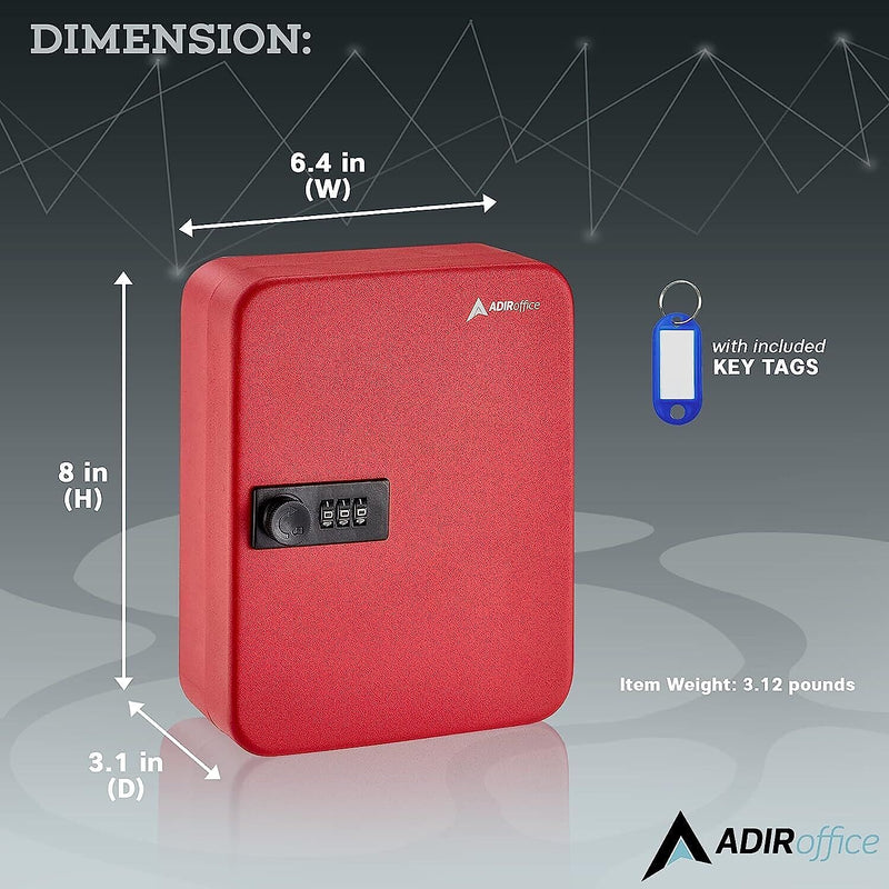 AdirOffice 30-Key Cabinet with Combination Lock and Key Tags, Red (682-30-RED-689-PKG)
