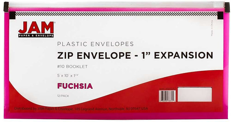 JAM Paper Premium Plastic Expanding Wallet with Zipper Closure, 5" x 10", Fuchsia Pink, 3/Pack (921Z1FUX3)