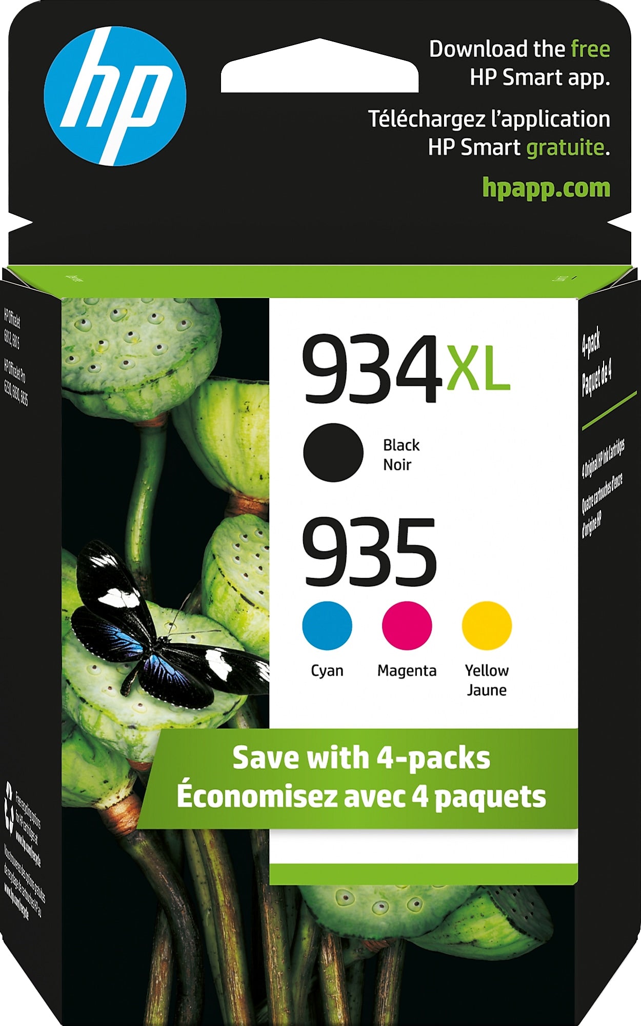 HP 934XL/935 Black High Yield and Cyan/Magenta/Yellow Standard Yield Ink Cartridge, 4/Pack (N9H66FN#140)