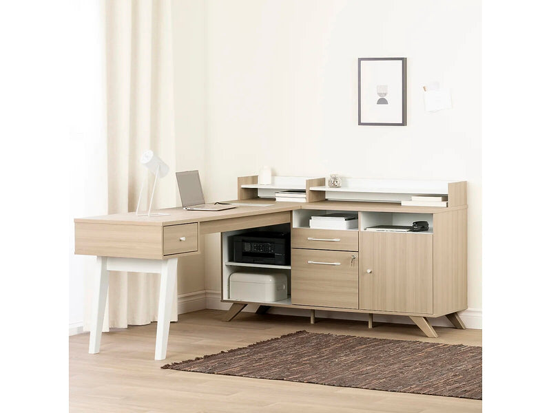 South Shore Helsy 78"W L-Shaped Computer Desk with Removable Hutch, Soft Elm/White (13298)