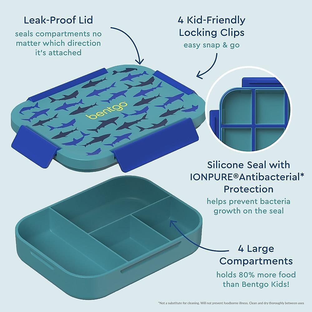 bentgo Snap & Go Kids Bento Box, 4-Compartment, Shark, 33.6 oz. (BGKDBOX-SHK)