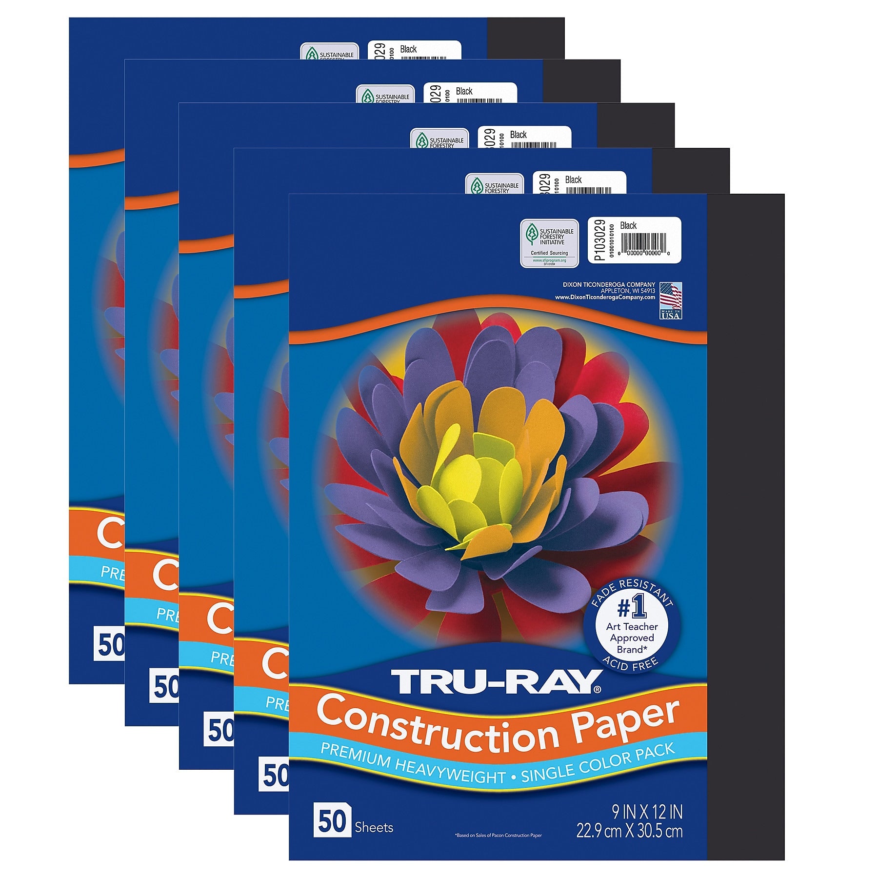 Tru-Ray 9" x 12" Construction Paper, Black, 50 Sheets/Pack, 5 Packs/Bundle (PAC103029-5)