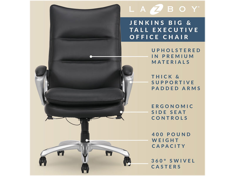 La-Z-Boy Jenkins Ergonomic Bonded Leather Executive Big & Tall Chair, 400 lb. Capacity, Black (60075-BLK)