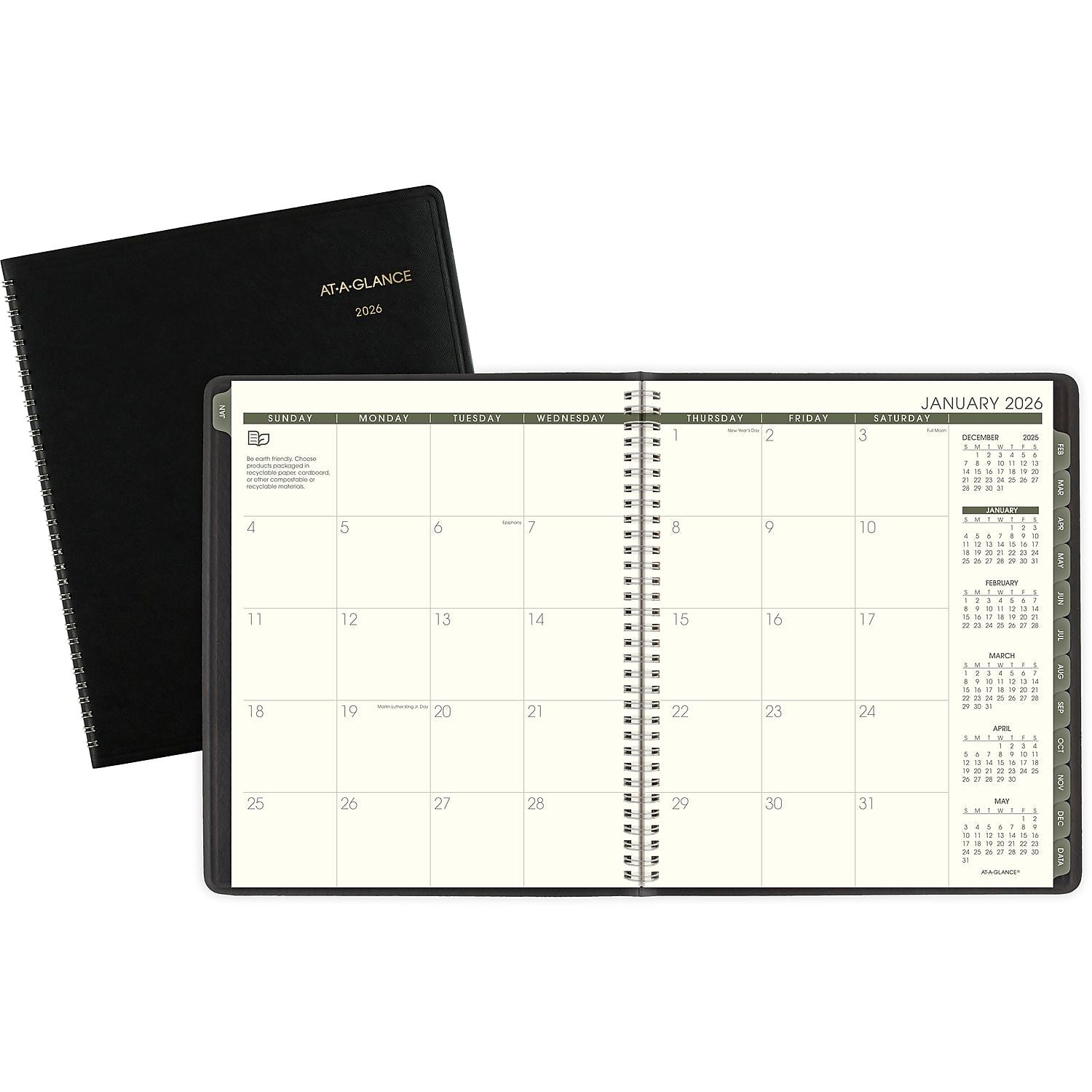 2026 AT-A-GLANCE Recycled 9" x 11" Monthly Planner, Faux Leather Cover, Black (70-260G-05-26)